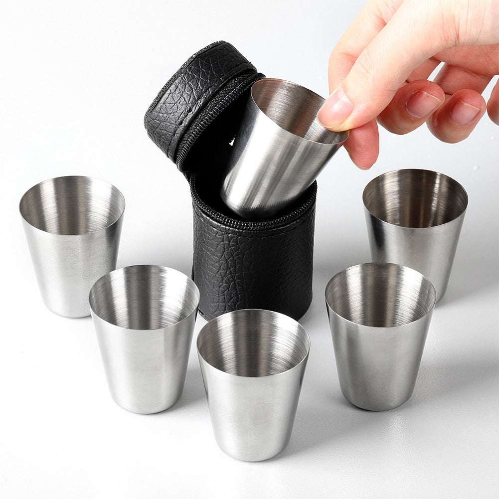 1/6Pcs 30ml Outdoor Practical Travel Stainless Steel Cups Mini Set Glasses For Whisky Wine With Case Portable Drinkware